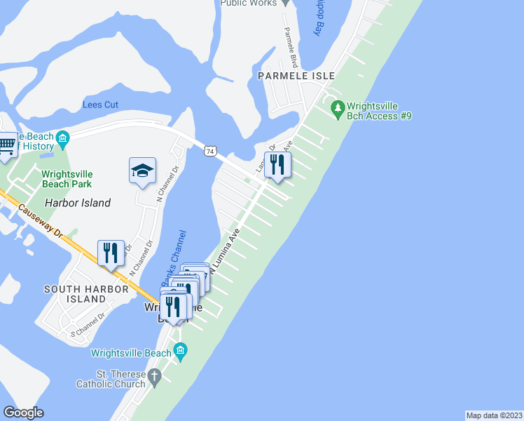 map of restaurants, bars, coffee shops, grocery stores, and more near 8 East Henderson Street in Wrightsville Beach