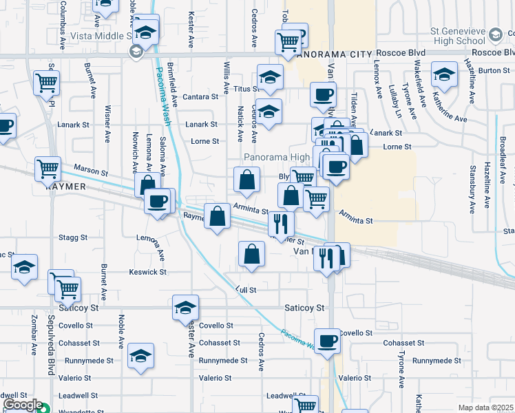 map of restaurants, bars, coffee shops, grocery stores, and more near 14701-14715 Arminta Street in Los Angeles