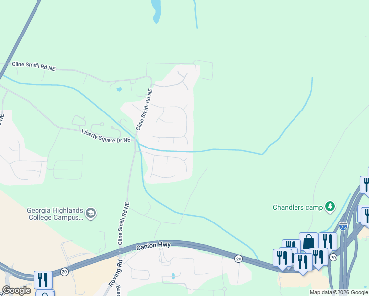 map of restaurants, bars, coffee shops, grocery stores, and more near 16 Secretariat Court Northeast in Cartersville
