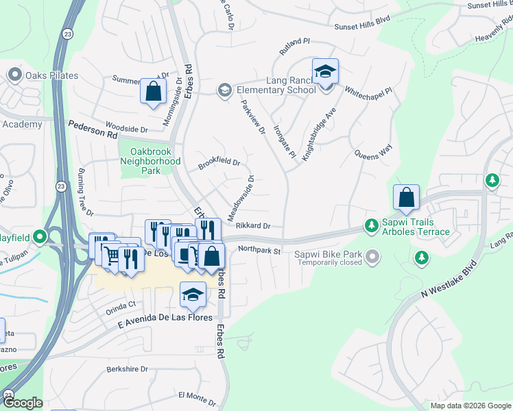map of restaurants, bars, coffee shops, grocery stores, and more near 2466 Ridgebrook Pl in Thousand Oaks