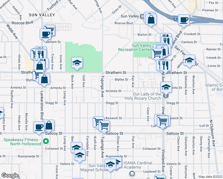 map of restaurants, bars, coffee shops, grocery stores, and more near 11325 Arminta Street in Los Angeles