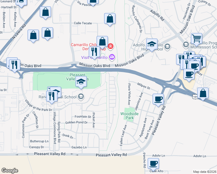 map of restaurants, bars, coffee shops, grocery stores, and more near 66 Via Sintra in Camarillo