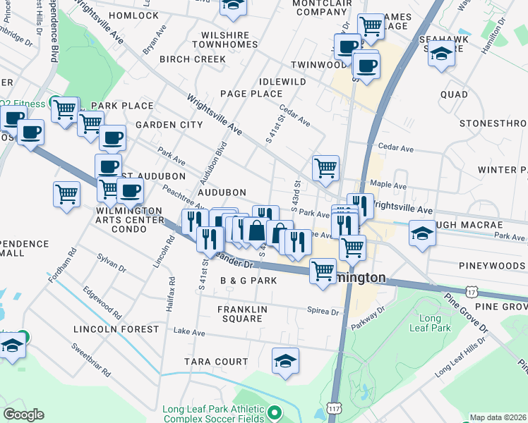 map of restaurants, bars, coffee shops, grocery stores, and more near 4120 Park Avenue in Wilmington