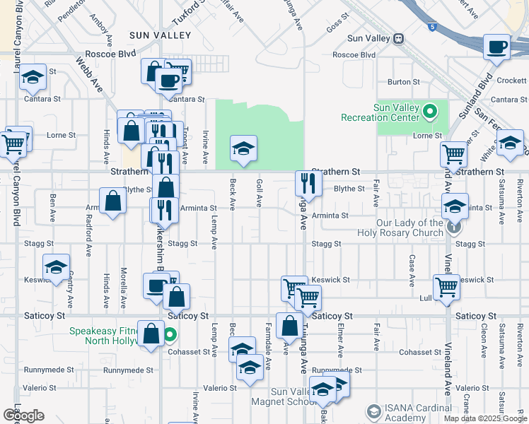 map of restaurants, bars, coffee shops, grocery stores, and more near 7854 Goll Avenue in Los Angeles