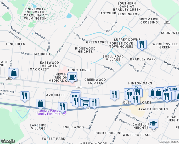 map of restaurants, bars, coffee shops, grocery stores, and more near 1131 Greenwood Avenue in Wilmington