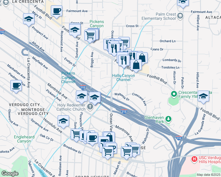 map of restaurants, bars, coffee shops, grocery stores, and more near 4343 Ocean View Blvd in Montrose