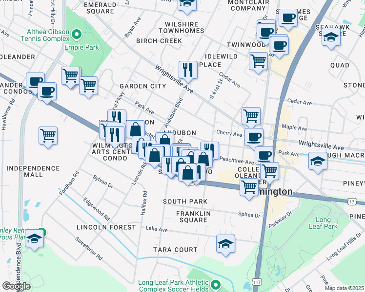 map of restaurants, bars, coffee shops, grocery stores, and more near 4015 Peachtree Avenue in Wilmington