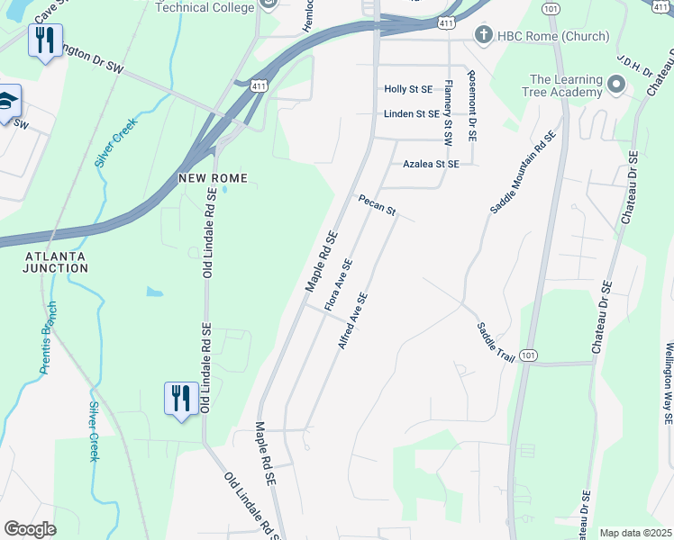 map of restaurants, bars, coffee shops, grocery stores, and more near 226 Flora Avenue Southeast in Rome