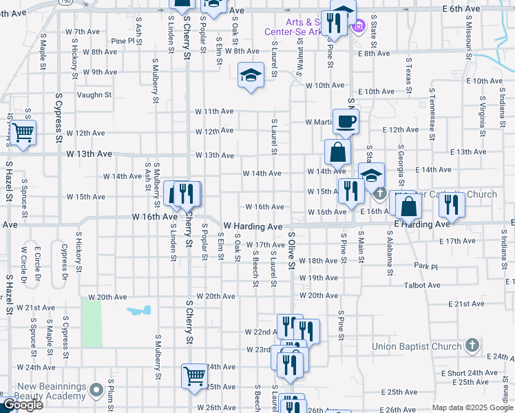 map of restaurants, bars, coffee shops, grocery stores, and more near 1616 South Laurel Street in Pine Bluff