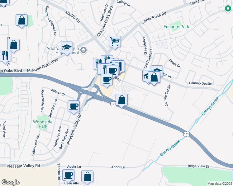 map of restaurants, bars, coffee shops, grocery stores, and more near 5036 Robles Street in Camarillo