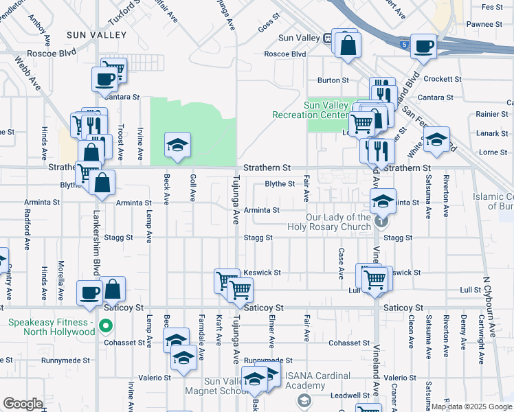map of restaurants, bars, coffee shops, grocery stores, and more near 11325 Arminta Street in Los Angeles