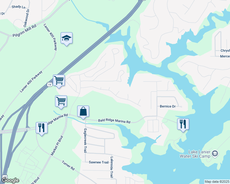 map of restaurants, bars, coffee shops, grocery stores, and more near 1625 Watercrest Drive in Cumming