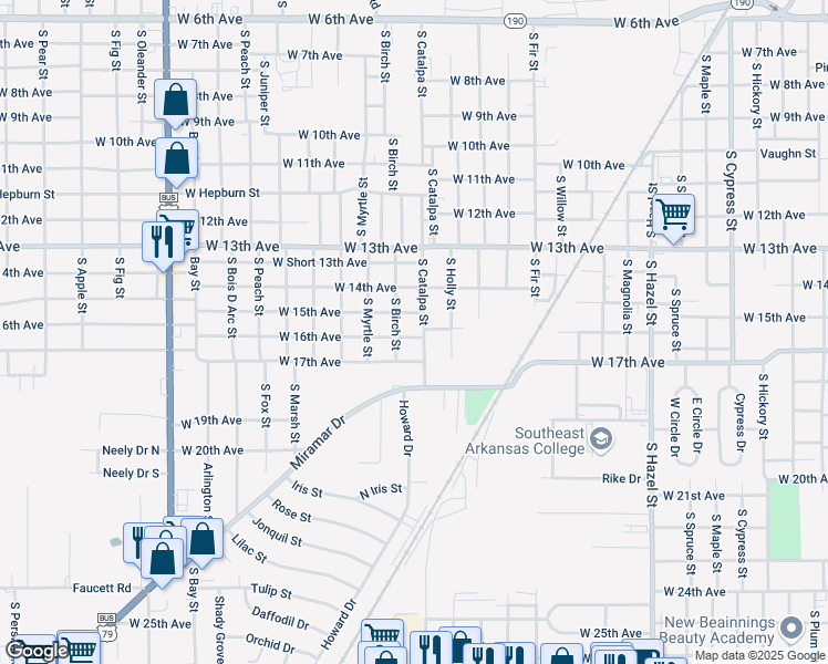 map of restaurants, bars, coffee shops, grocery stores, and more near 3004 West 16th Avenue in Pine Bluff