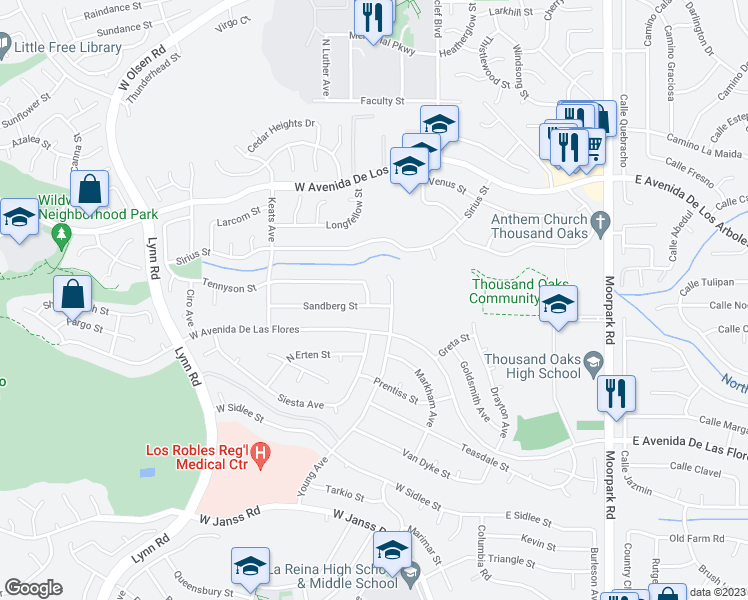 map of restaurants, bars, coffee shops, grocery stores, and more near 2538 Frost Avenue in Thousand Oaks