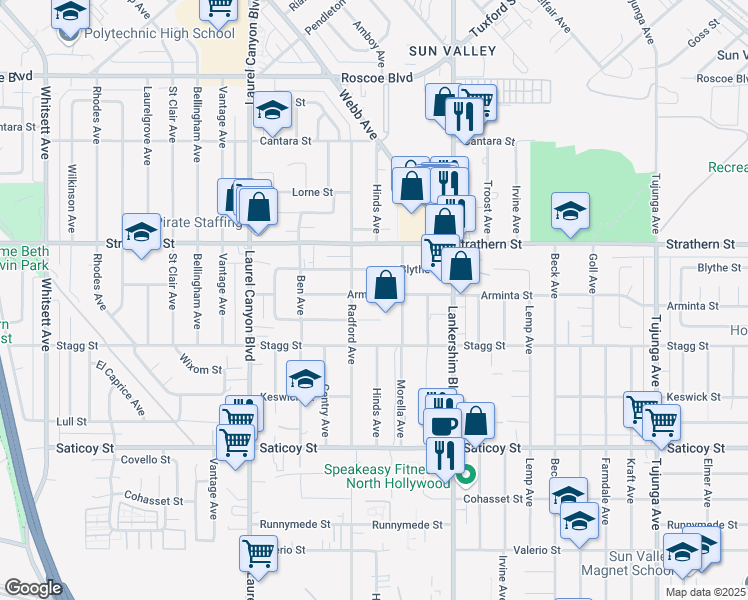 map of restaurants, bars, coffee shops, grocery stores, and more near 11836 Arminta Street in Los Angeles