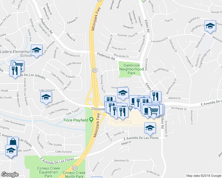 map of restaurants, bars, coffee shops, grocery stores, and more near 1702 Sandal Wood Place in Thousand Oaks