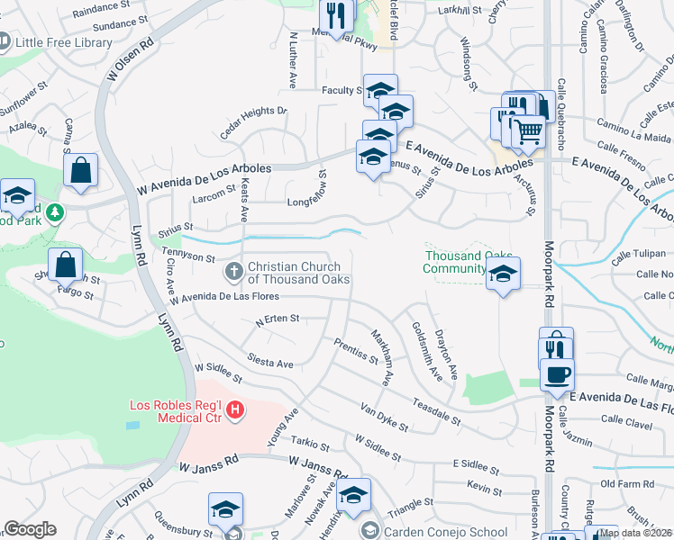 map of restaurants, bars, coffee shops, grocery stores, and more near 2538 Frost Avenue in Thousand Oaks