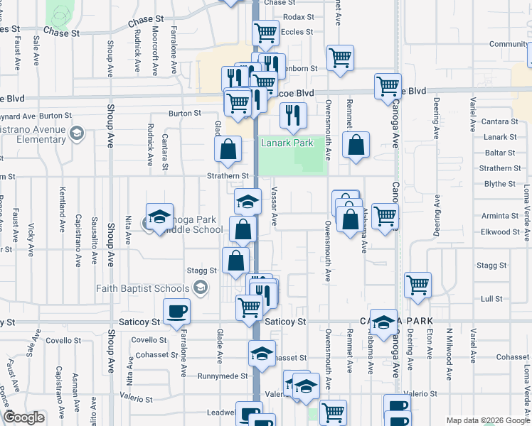 map of restaurants, bars, coffee shops, grocery stores, and more near 7904 Topanga Canyon Boulevard in Los Angeles