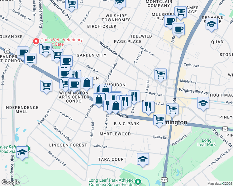 map of restaurants, bars, coffee shops, grocery stores, and more near 4015 Peachtree Avenue in Wilmington