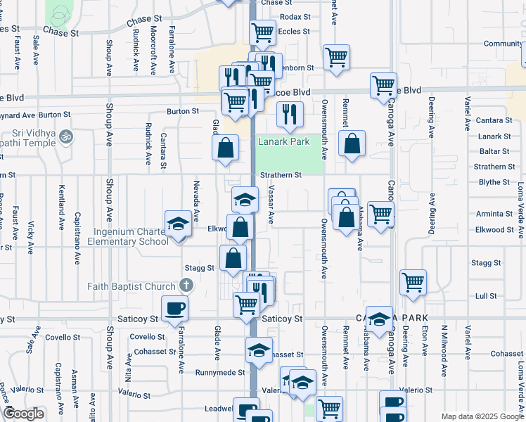 map of restaurants, bars, coffee shops, grocery stores, and more near 7900 Topanga Canyon Boulevard in Los Angeles