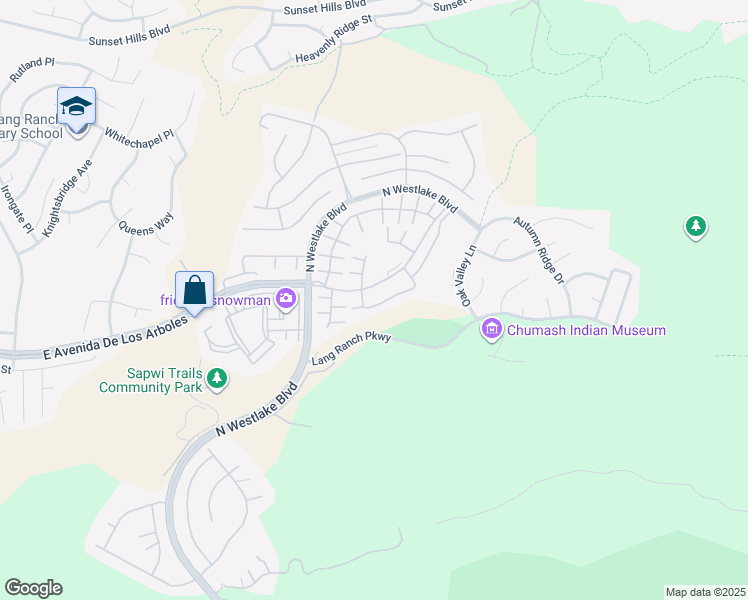 map of restaurants, bars, coffee shops, grocery stores, and more near 3063 Espana Lane in Thousand Oaks