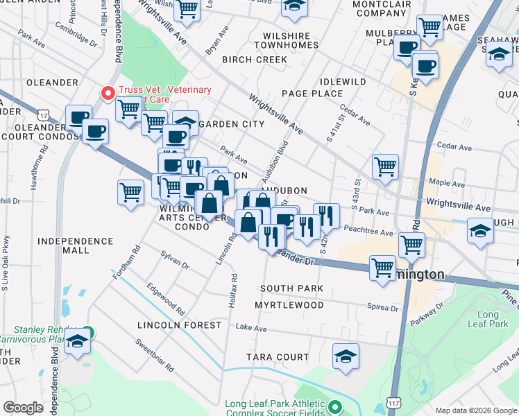map of restaurants, bars, coffee shops, grocery stores, and more near 1409 Audubon Boulevard in Wilmington