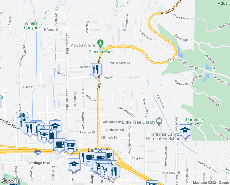 map of restaurants, bars, coffee shops, grocery stores, and more near 5036 Princess Anne Road in La Cañada Flintridge