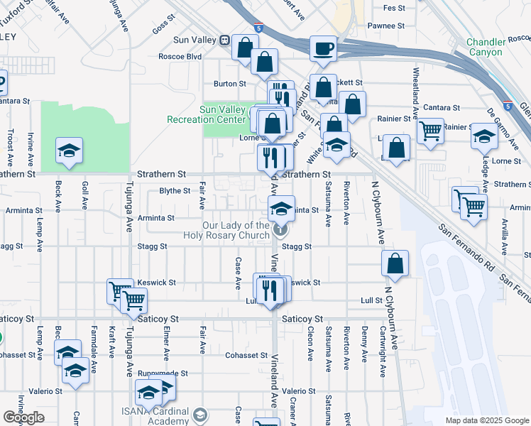 map of restaurants, bars, coffee shops, grocery stores, and more near 11014 Arminta Street in Los Angeles