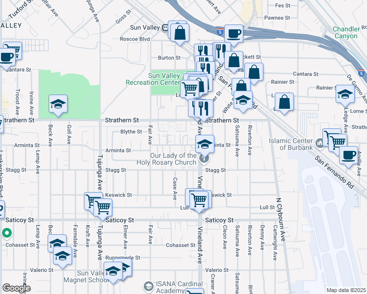map of restaurants, bars, coffee shops, grocery stores, and more near 11038 Arminta Street in Los Angeles