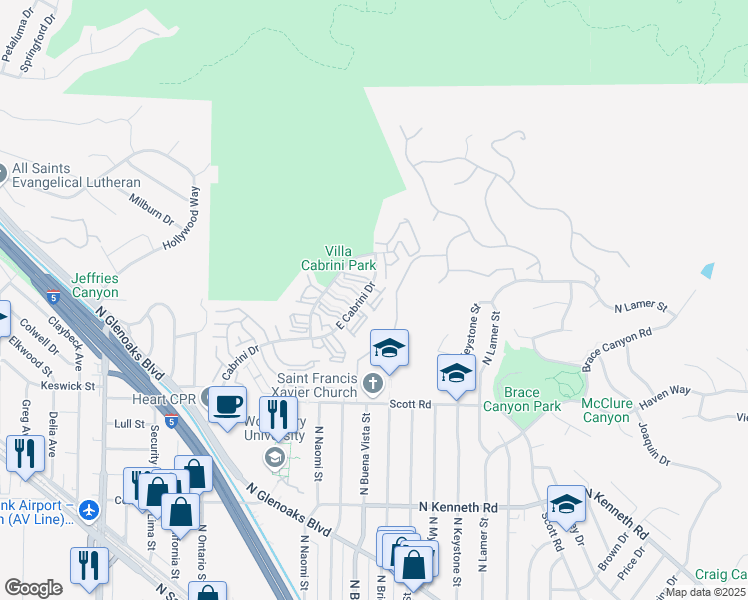 map of restaurants, bars, coffee shops, grocery stores, and more near 7907 Via Magdalena in Burbank