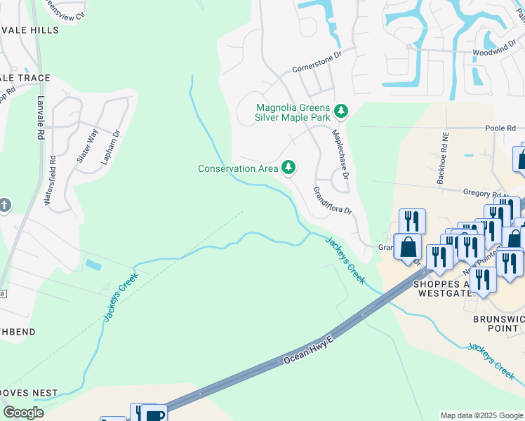 map of restaurants, bars, coffee shops, grocery stores, and more near 1531 Raynor Street Northeast in Leland