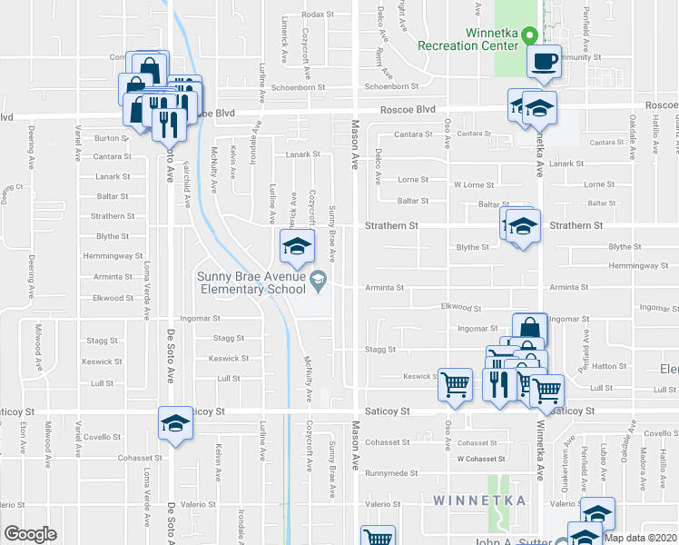 map of restaurants, bars, coffee shops, grocery stores, and more near 7910 Sunnybrae Avenue in Winnetka