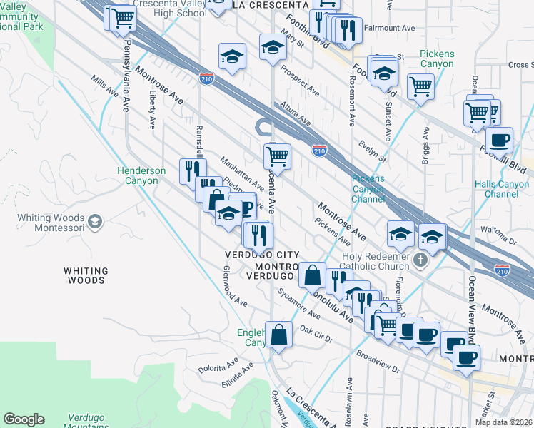 map of restaurants, bars, coffee shops, grocery stores, and more near 2804 Piedmont Avenue in Glendale