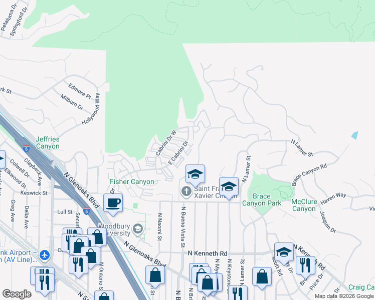 map of restaurants, bars, coffee shops, grocery stores, and more near 7903 Via Magdalena in Burbank