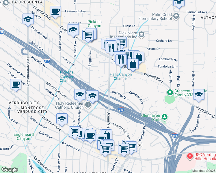 map of restaurants, bars, coffee shops, grocery stores, and more near 4343 Ocean View Boulevard in La Crescenta-Montrose