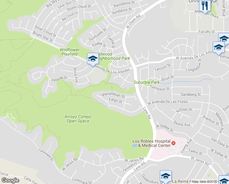 map of restaurants, bars, coffee shops, grocery stores, and more near 579 Shenandoah Street in Thousand Oaks