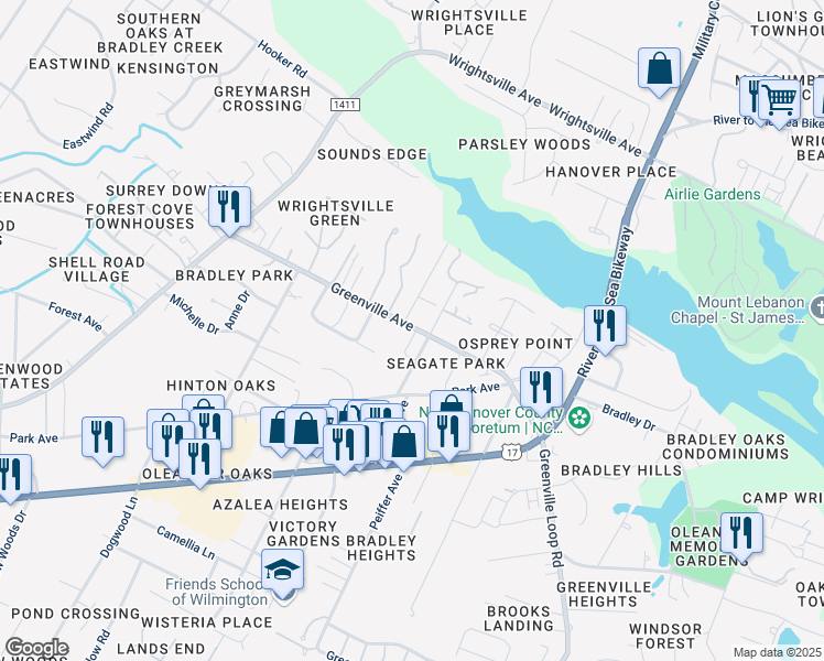 map of restaurants, bars, coffee shops, grocery stores, and more near 207 Greenville Avenue in Wilmington