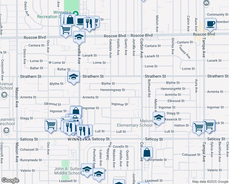 map of restaurants, bars, coffee shops, grocery stores, and more near 19844 Hemmingway Street in Los Angeles