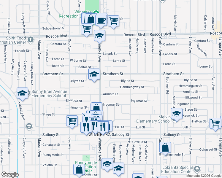 map of restaurants, bars, coffee shops, grocery stores, and more near 20020 Hemmingway Street in Los Angeles