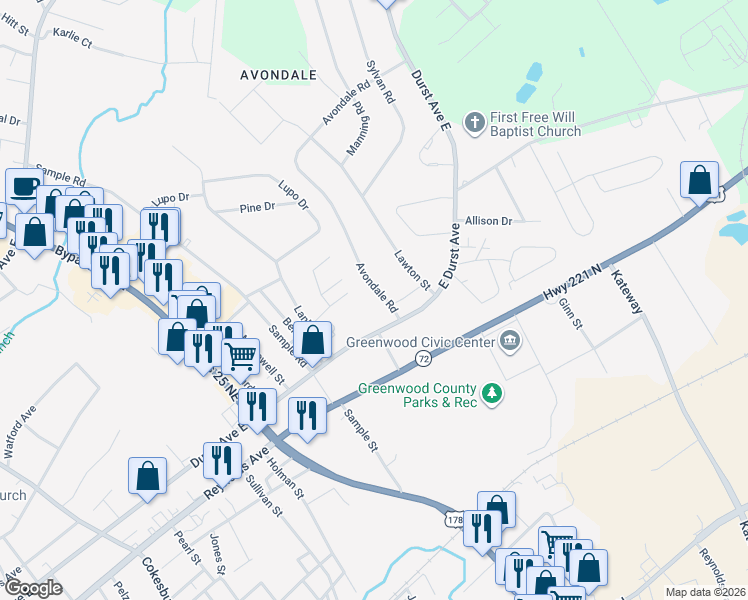 map of restaurants, bars, coffee shops, grocery stores, and more near 101 Avondale Road in Greenwood