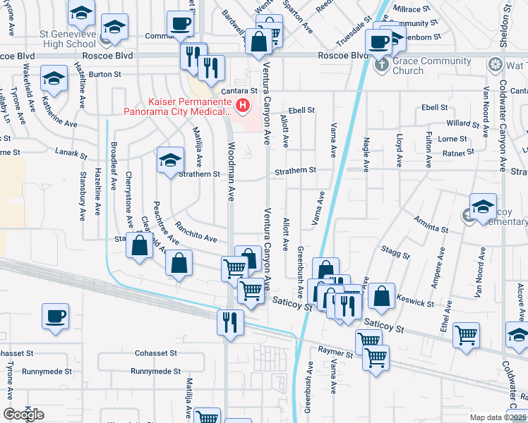 map of restaurants, bars, coffee shops, grocery stores, and more near 7869 Ventura Canyon Avenue in Los Angeles