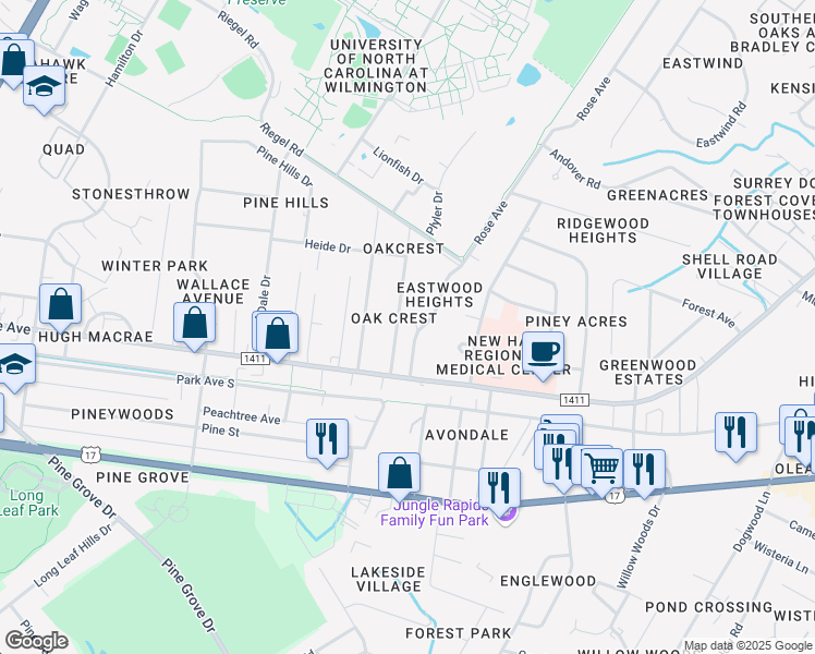 map of restaurants, bars, coffee shops, grocery stores, and more near 216 Oakcrest Drive in Wilmington