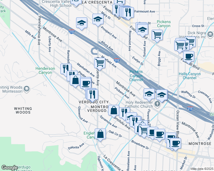 map of restaurants, bars, coffee shops, grocery stores, and more near 2729 Piedmont Avenue in Glendale