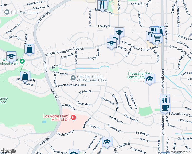 map of restaurants, bars, coffee shops, grocery stores, and more near 151 Sandberg Street in Thousand Oaks