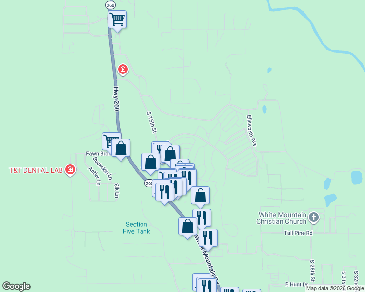 map of restaurants, bars, coffee shops, grocery stores, and more near 3851 Vacation Village in Show Low