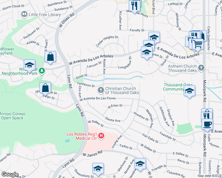 map of restaurants, bars, coffee shops, grocery stores, and more near 234 Sandberg Street in Thousand Oaks