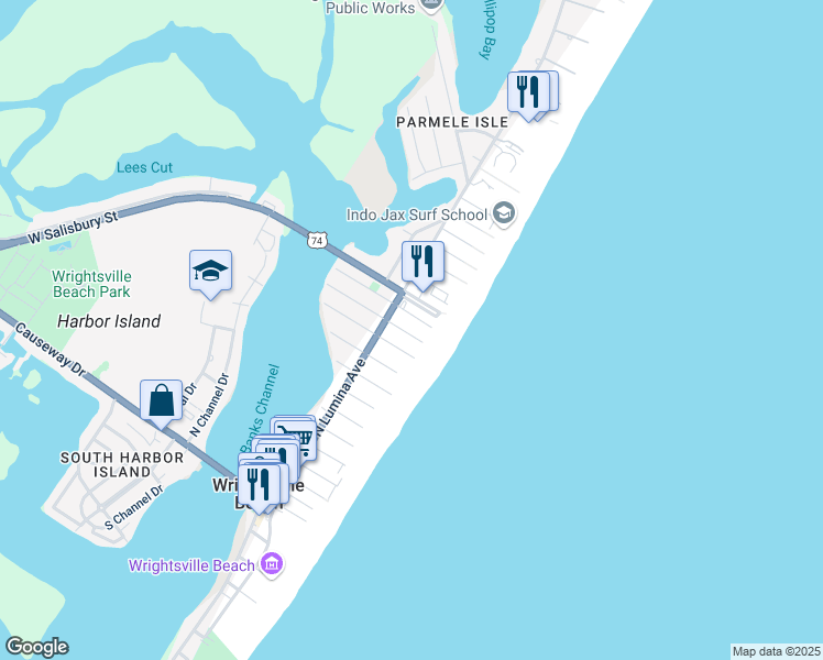 map of restaurants, bars, coffee shops, grocery stores, and more near 19 East Henderson Street in Wrightsville Beach
