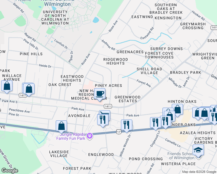 map of restaurants, bars, coffee shops, grocery stores, and more near in Wilmington
