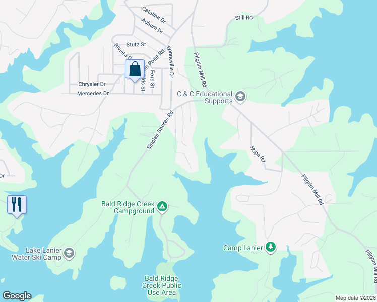 map of restaurants, bars, coffee shops, grocery stores, and more near 3620 Beaver Cove Road in Cumming