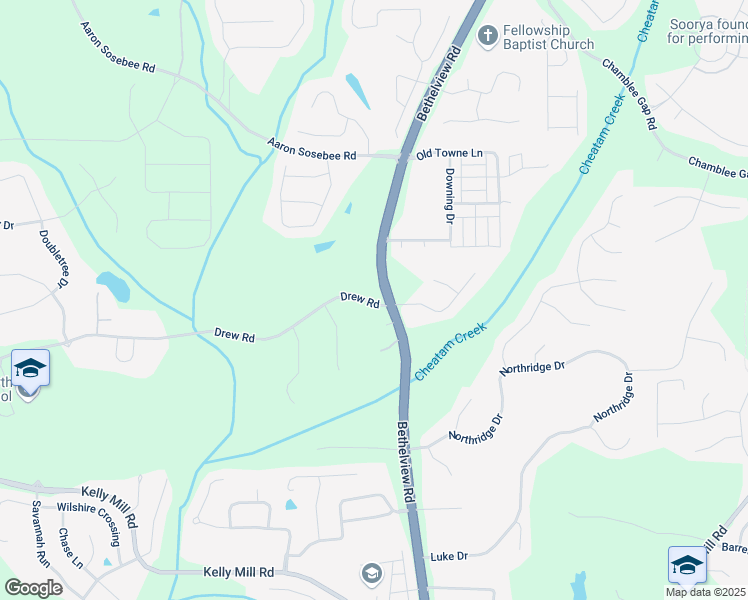 map of restaurants, bars, coffee shops, grocery stores, and more near Drew Road in Forsyth County
